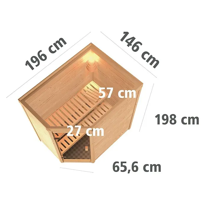 Karibu Massivholzsauna Svea - Mit 4,5 kW Saunaofen mit integrierter Steuerung, Ohne Dachkranz, Material Tür: Massivholz, 146 x 196 x 198 cm - Ansicht von oben