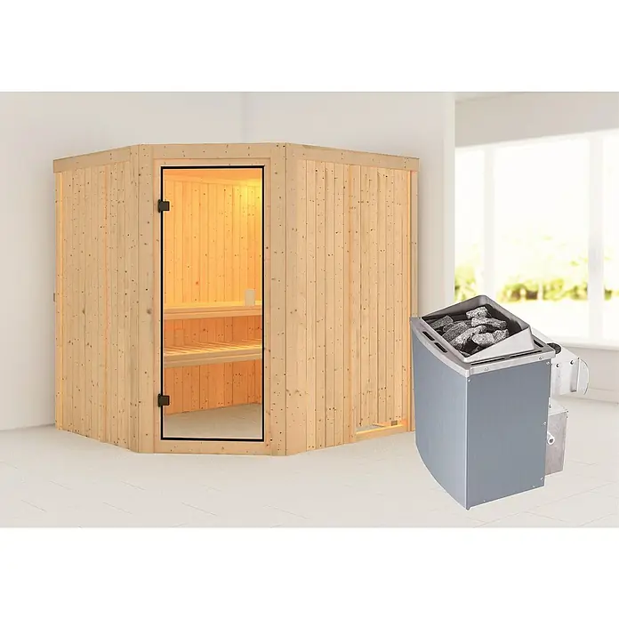 Karibu Elementsauna Bodo - Mit 4,5 kW Saunaofen mit integrierter Steuerung, Ohne Dachkranz, Material Tür: Ganzglas Bronze, 178 x 196 x 198 cm - Stimmungsaufnahme