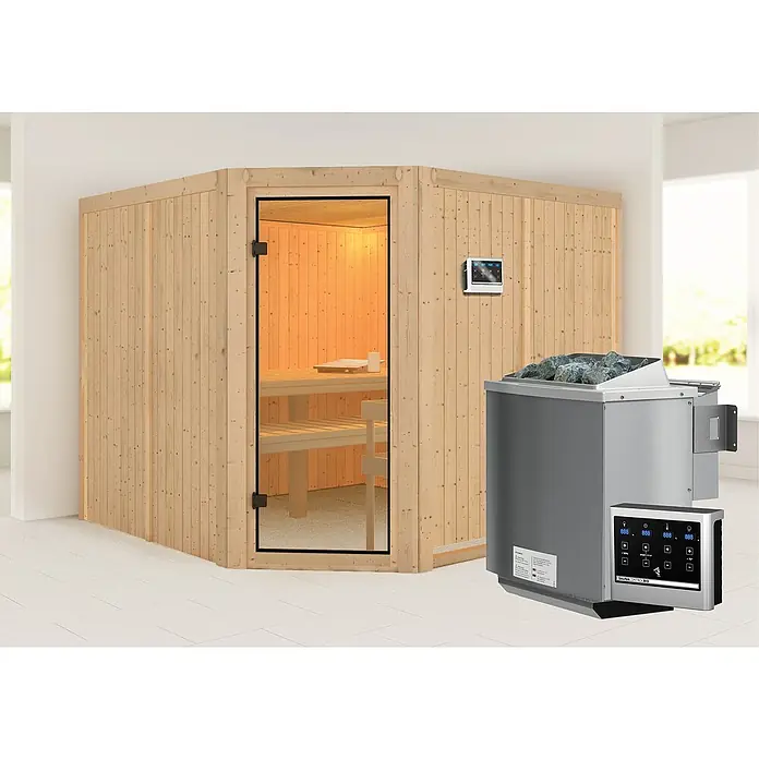 Karibu Elementsauna Ystad - Mit 9 kW Bio-Ofen mit externer Steuerung, Ohne Dachkranz, Material Tür: Ganzglas Bronze, 231 x 231 x 198 cm - Stimmungsaufnahme