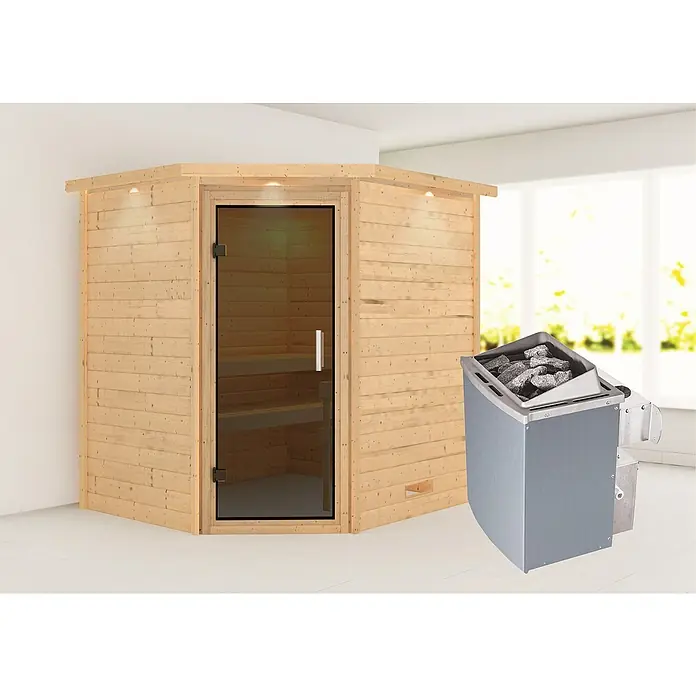Karibu Massivholzsauna Mia - Mit 4,5 kW Saunaofen mit externer Steuerung, Mit Dachkranz und Beleuchtung, Material Tür: Ganzglas Graphit, 184 x 224 x 202 cm - Stimmungsaufnahme
