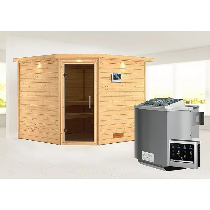 Karibu Massivholzsauna Leona - Mit 9 kW Bio-Ofen mit externer Steuerung, Mit Dachkranz und Beleuchtung, Material Tür: Ganzglas Graphit, 245 x 259 x 202 cm - Stimmungsaufnahme