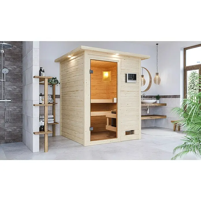 Karibu Massivholzsauna Sandra - Mit 4,5 kW Saunaofen mit externer Steuerung, Mit Dachkranz und Beleuchtung, Material Tür: Ganzglas Bronze, 159 x 173 x 191 cm - Stimmungsaufnahme