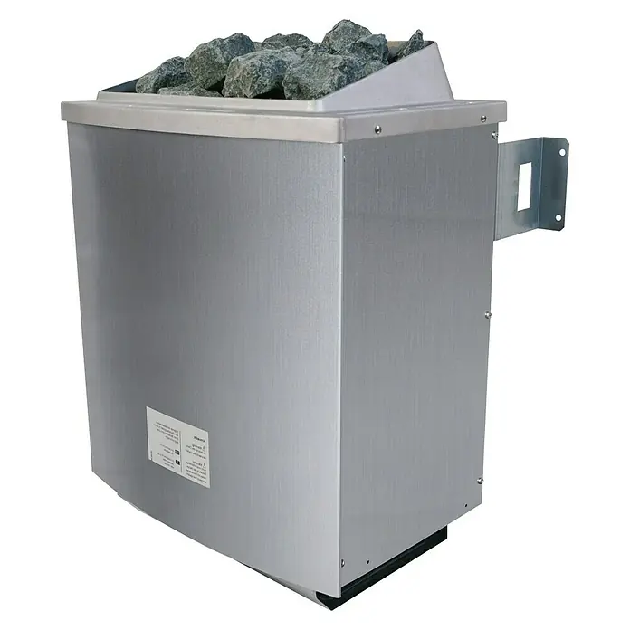 Karibu Massivholzsauna Svea - Mit 4,5 kW Saunaofen mit externer Steuerung, Mit Dachkranz und Beleuchtung, Material Tür: Massivholz, 160 x 224 x 202 cm - Diagonale Ansicht