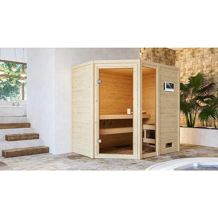 Karibu Massivholzsauna Jada - Mit 9 kW Saunaofen mit externer Steuerung, Ohne Dachkranz, Material Tür: Ganzglas Bronze, 146 x 196 x 187 cm - Stimmungsaufnahme