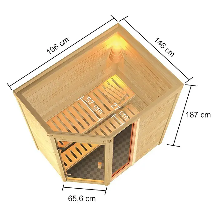 Karibu Massivholzsauna Jada - Mit 9 kW Saunaofen mit integrierter Steuerung, Mit Dachkranz und Beleuchtung, Material Tür: Ganzglas Bronze, 160 x 224 x 191 cm - Ansicht von oben