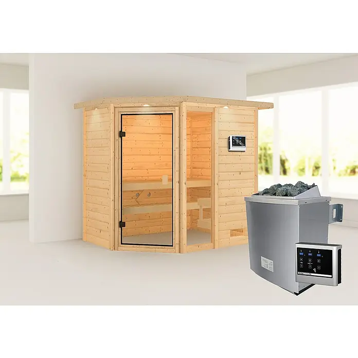 Karibu Massivholzsauna Jada - Mit 9 kW Saunaofen mit externer Steuerung, Mit Dachkranz und Beleuchtung, Material Tür: Ganzglas Bronze, 160 x 224 x 191 cm - Stimmungsaufnahme