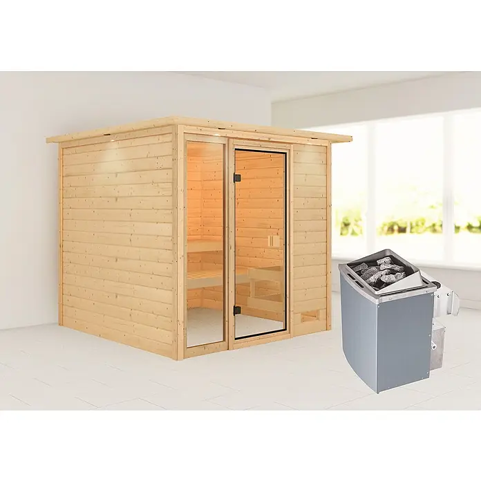 Karibu Massivholzsauna Jutta - Mit 9 kW Saunaofen mit integrierter Steuerung, Mit Dachkranz und Beleuchtung, Material Tür: Ganzglas Bronze, 210 x 224 x 191 cm - Stimmungsaufnahme