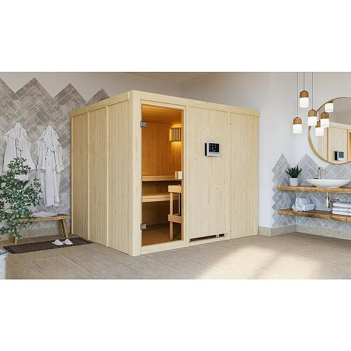 Karibu Elementsauna Nybro - Mit 9 kW Saunaofen mit externer Steuerung, Ohne Dachkranz, Material Tür: Ganzglas Bronze, 196 x 231 x 198 cm - Stimmungsaufnahme