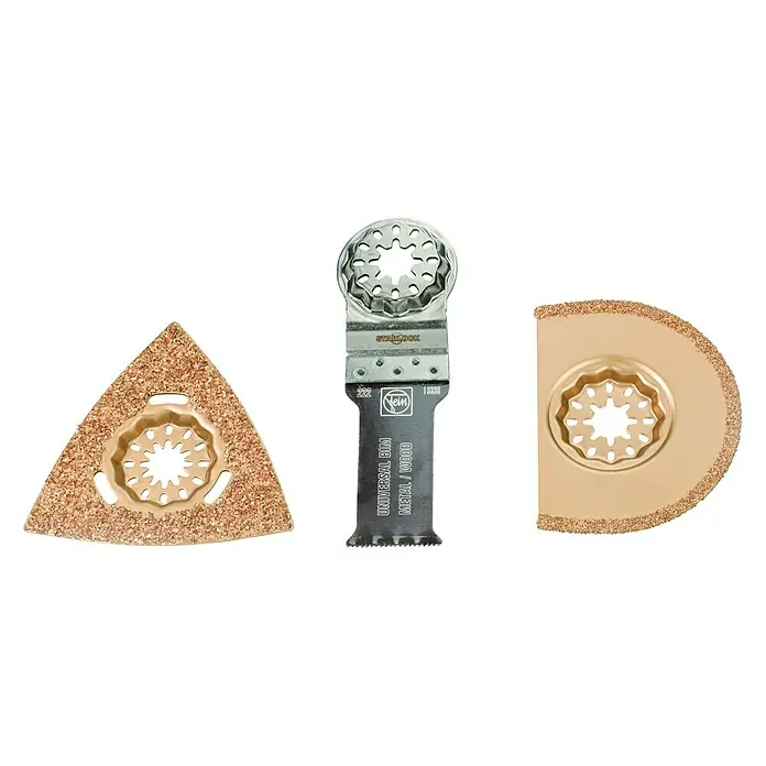 Fein Zubehör-Set Combo Starlock Tileworking - 3 -tlg., Passend für: Multifunktionswerkzeug mit Starlock-Aufnahme, Multifunktionswerkzeug mit Starlock-Plus-Aufnahme, Multifunktionswerkzeug mit Starlock-Max-Aufnahme - Ansicht von oben
