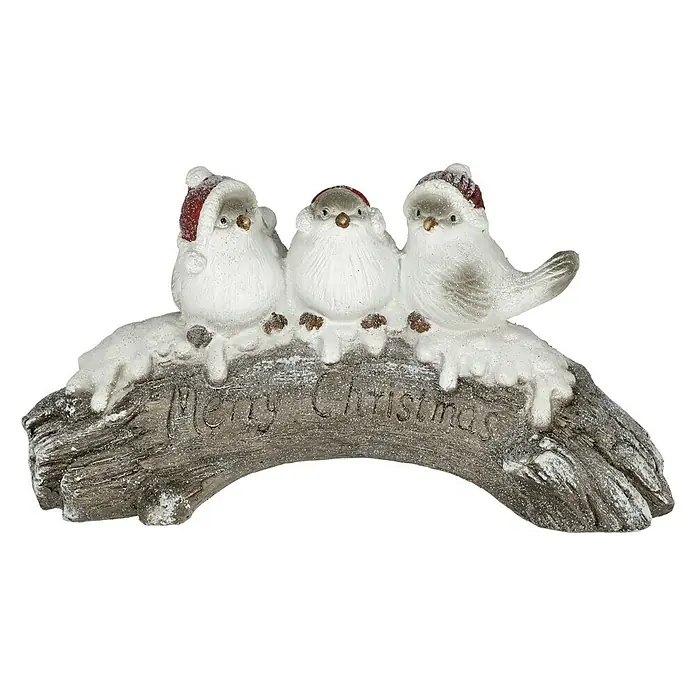 Dekofigur Weihnachtsvögel auf Ast - Polymagnesium, L x B x H: 17 x 54 x 29 cm - Vorderansicht