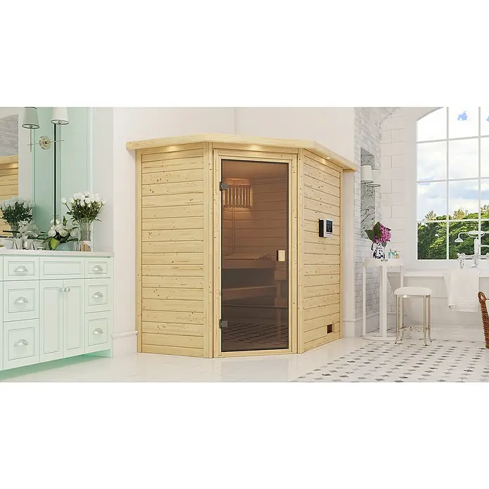 Karibu Massivholzsauna Svea - Mit 4,5 kW Saunaofen mit externer Steuerung, Mit Dachkranz und Beleuchtung, Material Tür: Ganzglas Bronze, 160 x 224 x 202 cm - Stimmungsaufnahme