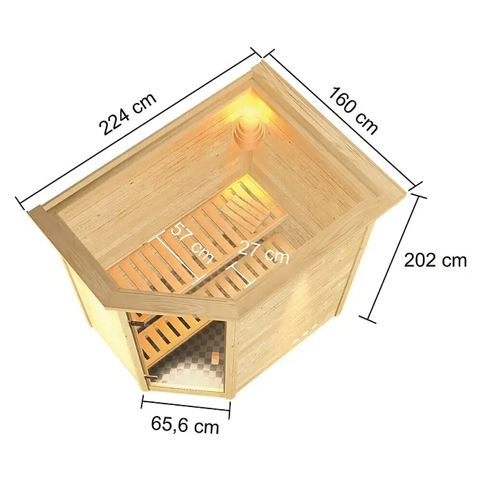 Karibu Massivholzsauna Svea - Mit 4,5 kW Bio-Ofen mit externer Steuerung, Mit Dachkranz und Beleuchtung, Material Tür: Ganzglas Graphit, 160 x 224 x 202 cm - Ansicht von oben