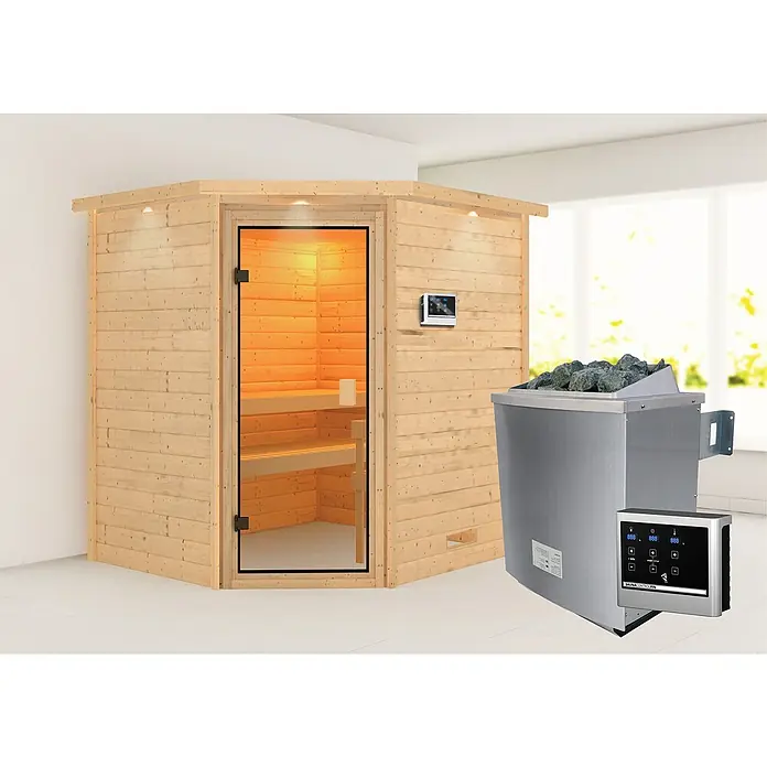 Karibu Massivholzsauna Mia - Mit 4,5 kW Bio-Ofen mit externer Steuerung, Mit Dachkranz und Beleuchtung, Material Tür: Ganzglas Bronze, 184 x 224 x 202 cm - Stimmungsaufnahme