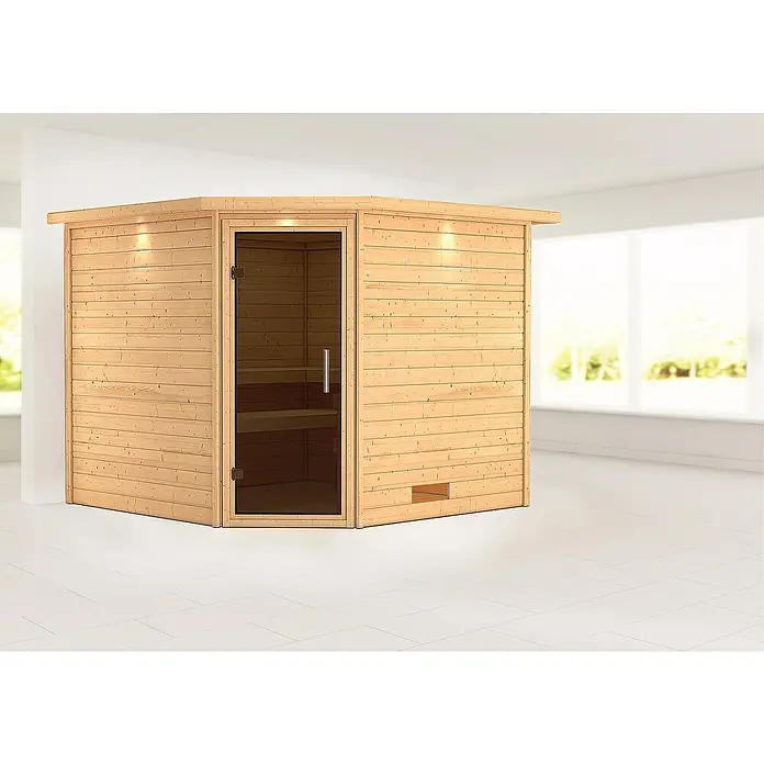 Karibu Massivholzsauna Leona - Ohne Ofen, Mit Dachkranz und Beleuchtung, Material Tür: Ganzglas Graphit, 245 x 259 x 202 cm - Stimmungsaufnahme
