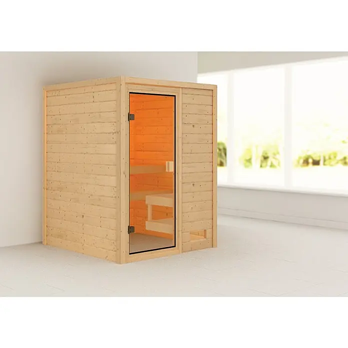 Karibu Massivholzsauna Sandra - Ohne Ofen, Ohne Dachkranz, Material Tür: Ganzglas Bronze, 145 x 145 x 187 cm - Stimmungsaufnahme