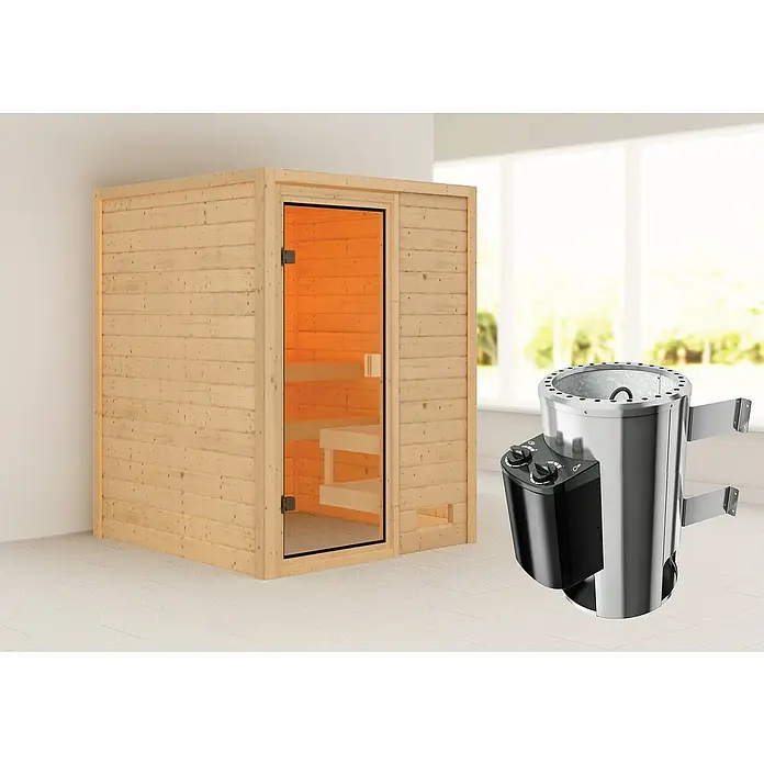 Karibu Massivholzsauna Sandra - Mit 3,6 kW Saunaofen mit integrierter Steuerung, Ohne Dachkranz, Material Tür: Ganzglas Bronze, 145 x 145 x 187 cm - Stimmungsaufnahme