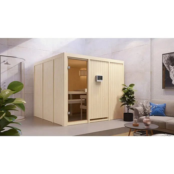 Karibu Elementsauna Arvika - Mit 9 kW Saunaofen mit externer Steuerung, Ohne Dachkranz, Material Tür: Ganzglas Bronze, 231 x 231 x 198 cm - Stimmungsaufnahme