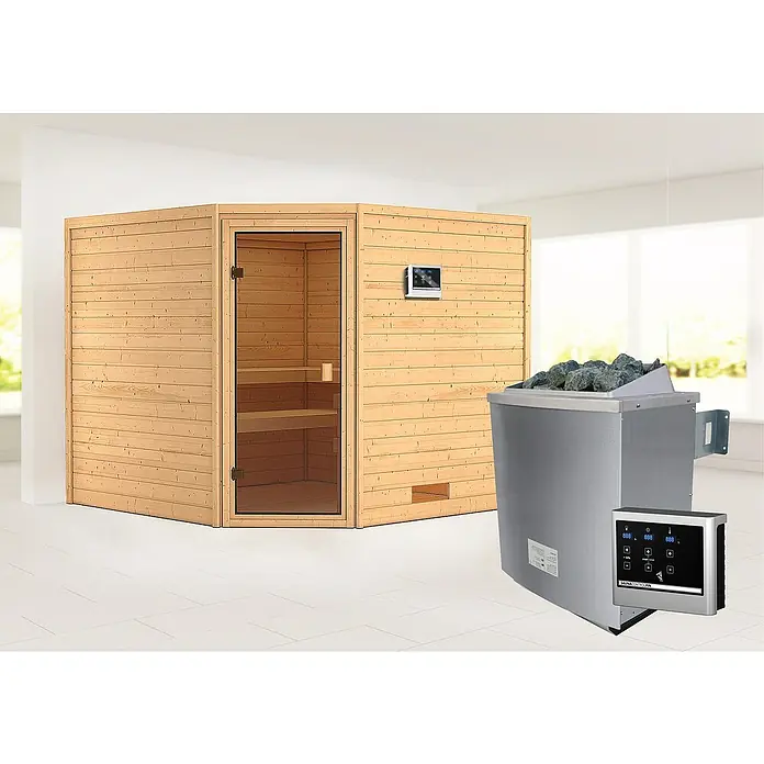 Karibu Massivholzsauna Leona - Mit 9 kW Saunaofen mit externer Steuerung, Ohne Dachkranz, Material Tür: Ganzglas Bronze, 231 x 231 x 198 cm - Stimmungsaufnahme