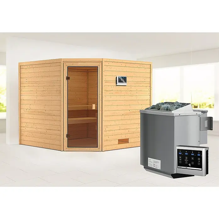 Karibu Massivholzsauna Leona - Mit 9 kW Bio-Ofen mit externer Steuerung, Ohne Dachkranz, Material Tür: Ganzglas Bronze, 231 x 231 x 198 cm - Stimmungsaufnahme