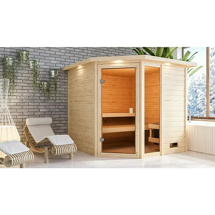 Karibu Massivholzsauna Tabea - Mit 9 kW Saunaofen mit integrierter Steuerung, Mit Dachkranz und Beleuchtung, Material Tür: Ganzglas Bronze, 210 x 224 x 191 cm - Stimmungsaufnahme