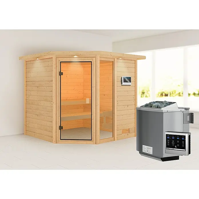 Karibu Massivholzsauna Tabea - Mit 9 kW Bio-Ofen mit externer Steuerung, Mit Dachkranz und Beleuchtung, Material Tür: Ganzglas Bronze, 210 x 224 x 191 cm - Stimmungsaufnahme