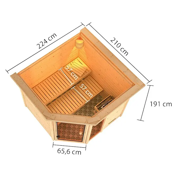 Karibu Massivholzsauna Tabea - Mit 9 kW Saunaofen mit integrierter Steuerung, Mit Dachkranz und Beleuchtung, Material Tür: Ganzglas Bronze, 210 x 224 x 191 cm - Ansicht von oben