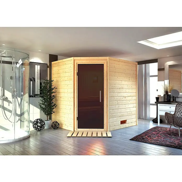 Karibu Massivholzsauna Mia - Mit 4,5 kW Saunaofen mit integrierter Steuerung, Ohne Dachkranz, Material Tür: Ganzglas Graphit, 170 x 196 x 198 cm - Stimmungsaufnahme