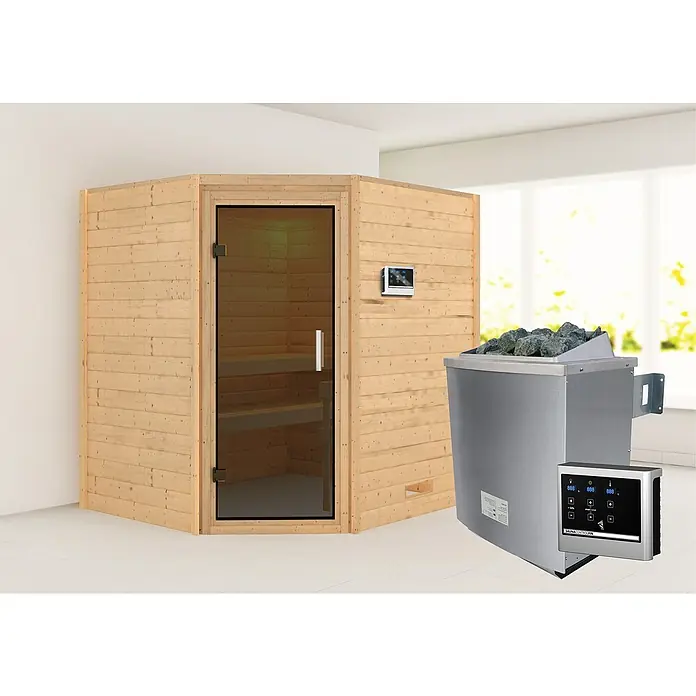 Karibu Massivholzsauna Mia - Mit 4,5 kW Bio-Ofen mit externer Steuerung, Ohne Dachkranz, Material Tür: Ganzglas Graphit, 170 x 196 x 198 cm - Stimmungsaufnahme