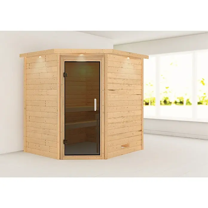 Karibu Massivholzsauna Mia - Mit 4,5 kW Saunaofen mit integrierter Steuerung, Mit Dachkranz und Beleuchtung, Material Tür: Ganzglas Graphit, 184 x 224 x 202 cm - Stimmungsaufnahme
