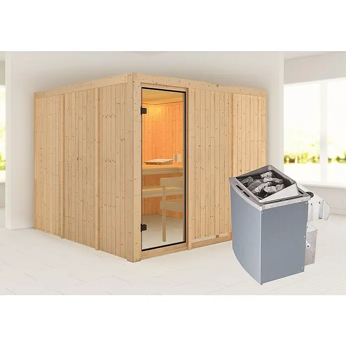 Karibu Elementsauna Arvika - Mit 9 kW Saunaofen mit integrierter Steuerung, Ohne Dachkranz, Material Tür: Ganzglas Bronze, 231 x 231 x 198 cm - Stimmungsaufnahme