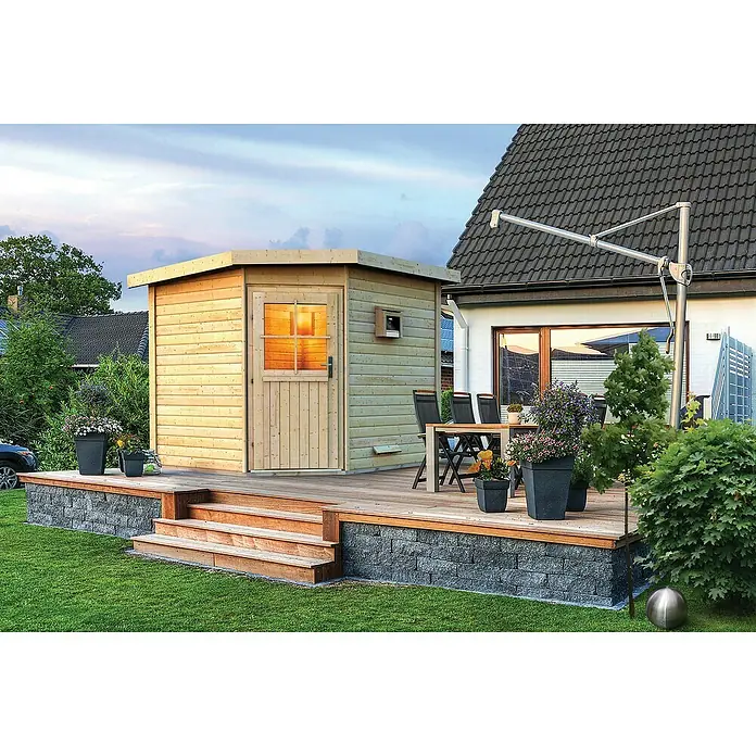 Karibu Saunahaus Hilda - Mit 9 kW Saunaofen mit externer Steuerung, 231 x 231 x 226 cm, Natur - Stimmungsaufnahme