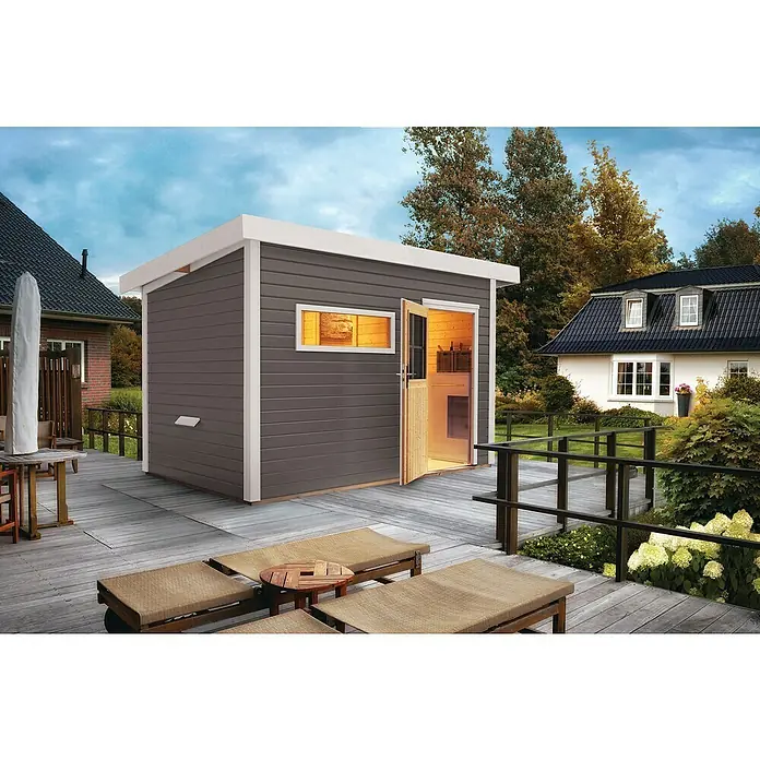 Karibu Saunahaus Suva 2 - Mit 9 kW Saunaofen mit externer Steuerung, 231 x 337 x 227 cm, Terragrau - Stimmungsaufnahme