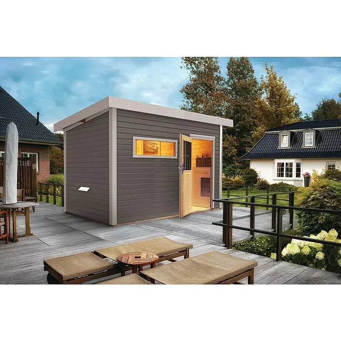 Karibu Saunahaus Suva 2 - Mit 9 kW Bio-Ofen mit externer Steuerung, 231 x 337 x 227 cm, Terragrau - Stimmungsaufnahme