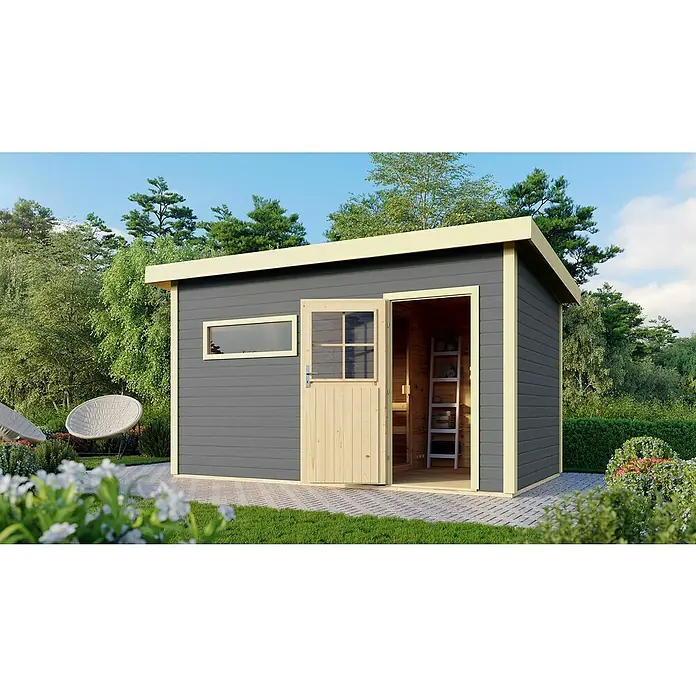 Karibu Saunahaus Suva 3 - Mit 9 kW Bio-Ofen mit externer Steuerung, 393 x 231 x 239 cm, Terragrau - Stimmungsaufnahme