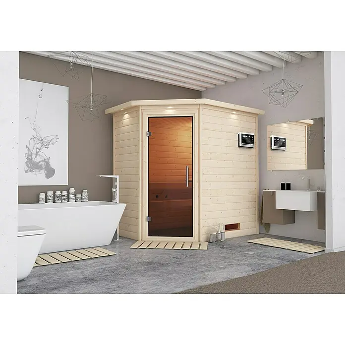 Karibu Massivholzsauna Svea - Mit 4,5 kW Bio-Ofen mit externer Steuerung, Mit Dachkranz und Beleuchtung, Material Tür: Ganzglas Graphit, 160 x 224 x 202 cm - Stimmungsaufnahme