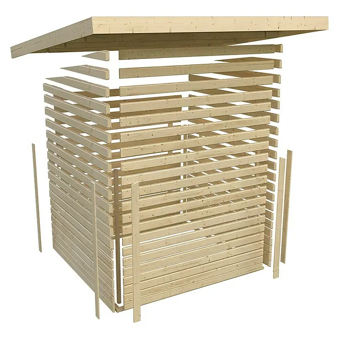 Karibu Saunahaus Hilda - Mit 9 kW Saunaofen mit externer Steuerung, 231 x 231 x 226 cm, Natur - Diagonale Ansicht