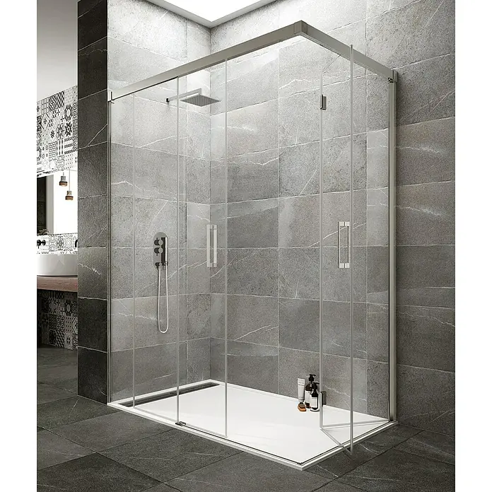 GME Mampara de ducha esquinera Tandem - L x An x Al: 70 x 130 x 195 cm, Vidrio transparente, Espesor: 6 mm, Plata brillo - Foto ambiente