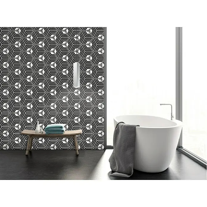 Feinsteinzeugfliese Hexagon Jasmine Black - 25 x 22 cm, Schwarz/Weiß, Matt - Stimmungsaufnahme