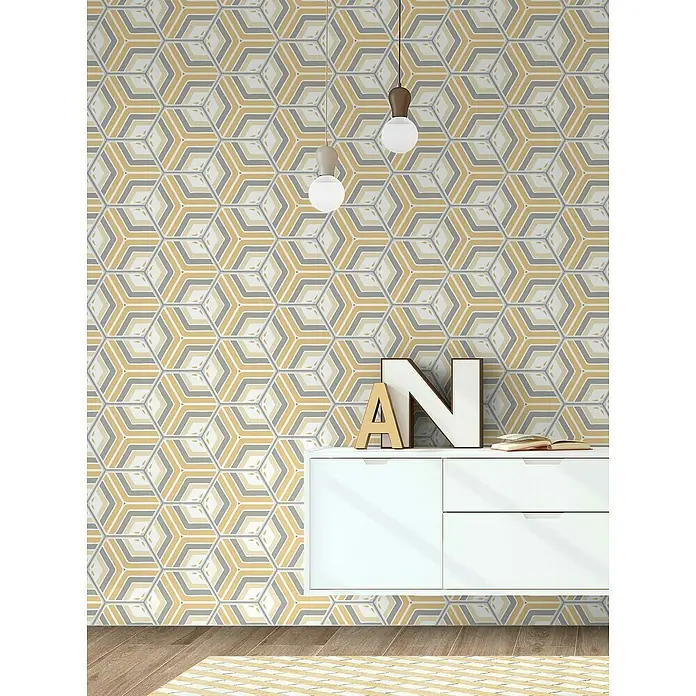 Feinsteinzeugfliese Hexagon Jasmine Yellow - 25 x 22 cm, Gelb/Grau/Orange, Matt - Stimmungsaufnahme