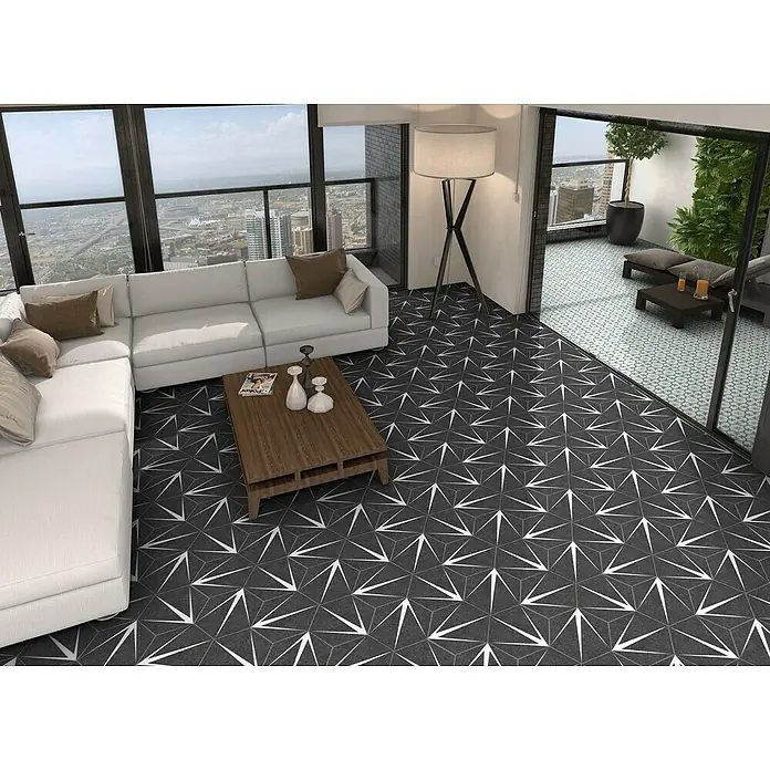 Feinsteinzeugfliese Hexagon Trident Nero - 22 x 25 cm, Schwarz/Weiß, Matt - Stimmungsaufnahme
