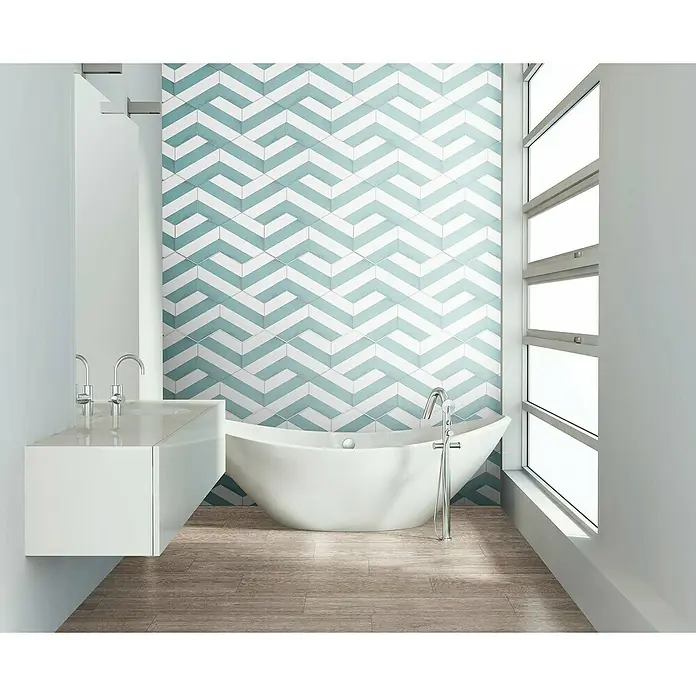 Feinsteinzeugfliese Hexagon Porto Capri Aqua - 22 x 25 cm, Blau/Weiß, Matt - Stimmungsaufnahme