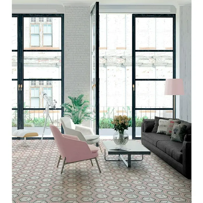 Feinsteinzeugfliese Hexagon Jasmine Pink - 25 x 22 cm, Rosa/Grau, Matt - Stimmungsaufnahme