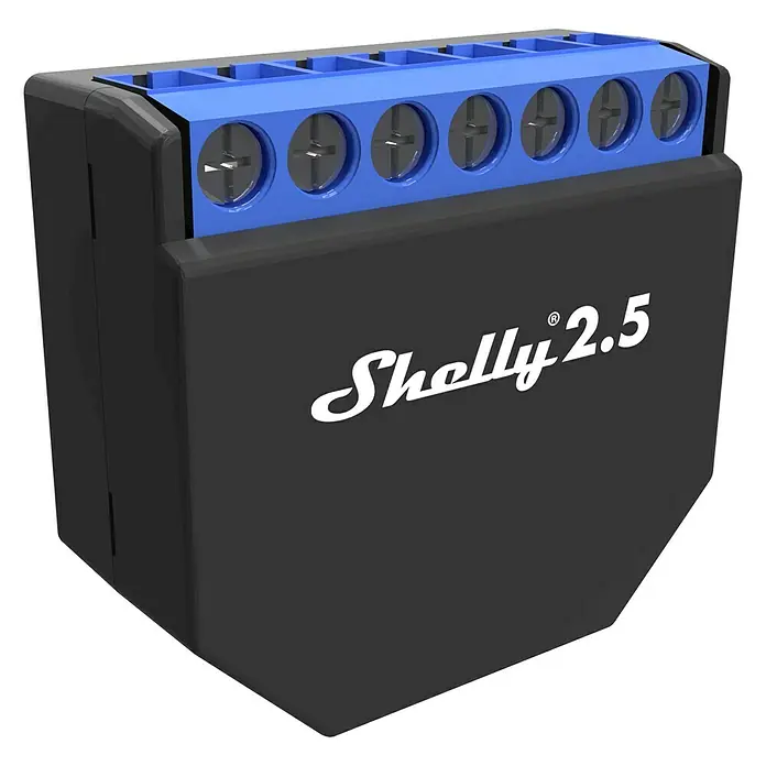 Shelly Funkschalter Shelly 2.5 - 1 Stk., Max. Belastung: 2 x 2.300 W (2 x 10 A) - Diagonale Ansicht
