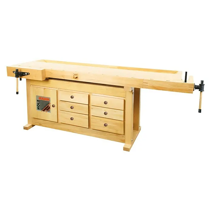 Holzmann Werkbank WB210C - L x B x H: 2.100 x 780 x 815 mm, Anzahl Schubladen: 6 Stk., Braun - Diagonale Ansicht