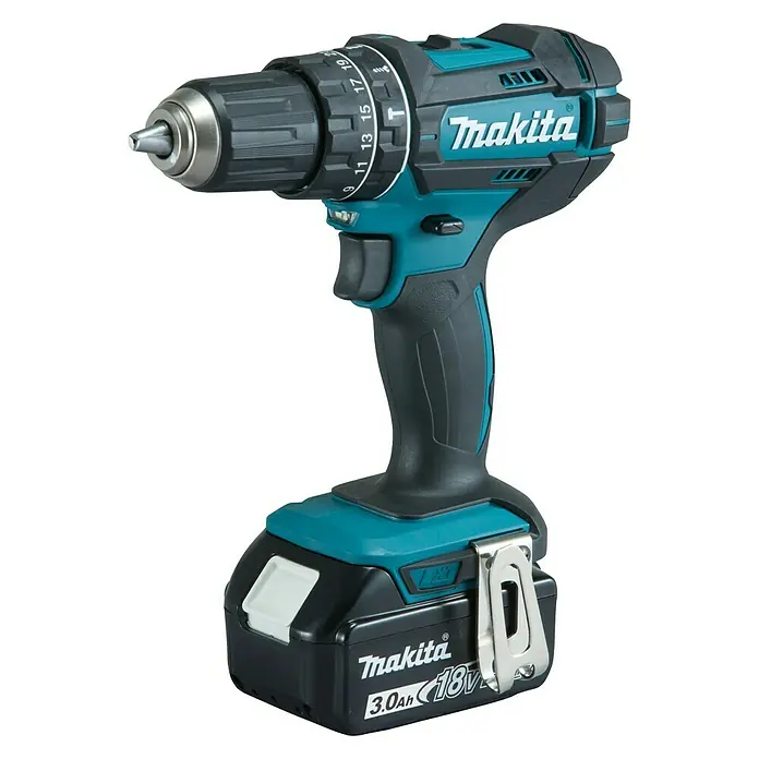 Makita Akku-Schlagbohrschrauber DHP482RF3J - 18 V, 3 Akkus, 3 Ah, Leerlaufdrehzahl: 0 U/min - 1.900 U/min - Linke Seitenansicht