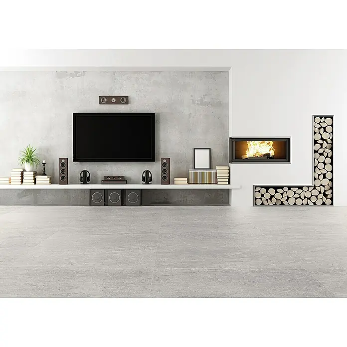BHS Showroom Pavimento porcelánico Core - 60 x 120 cm, Plateado, Rectificado, Efecto cemento - Foto ambiente