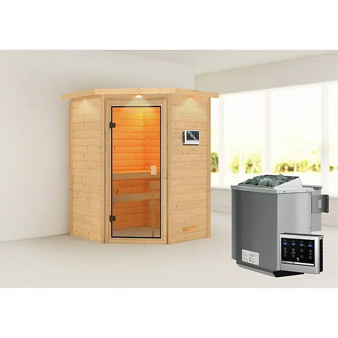 Karibu Massivholzsauna Antonia - Mit 4,5 kW Bio-Ofen mit externer Steuerung, Mit Dachkranz und Beleuchtung, Material Tür: Ganzglas Bronze, 159 x 173 x 191 cm - Stimmungsaufnahme