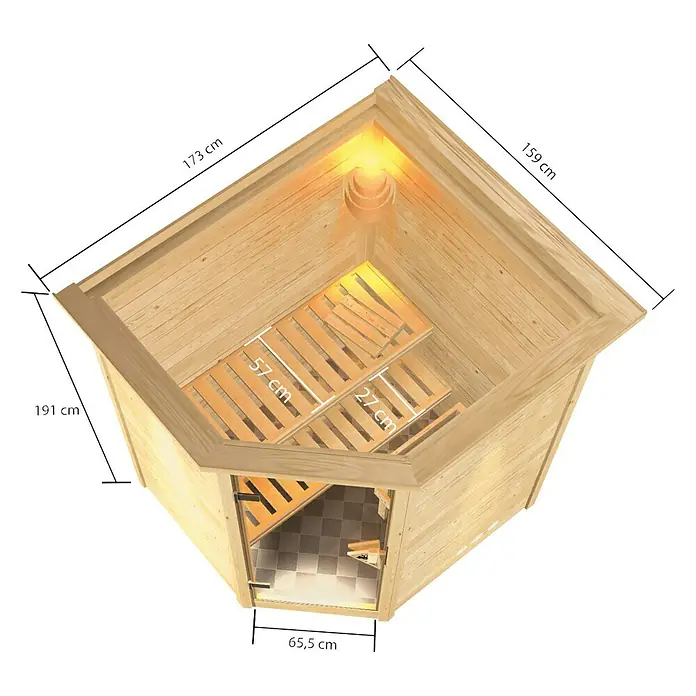 Karibu Massivholzsauna Antonia - Mit 4,5 kW Bio-Ofen mit externer Steuerung, Mit Dachkranz und Beleuchtung, Material Tür: Ganzglas Bronze, 159 x 173 x 191 cm - Ansicht von oben