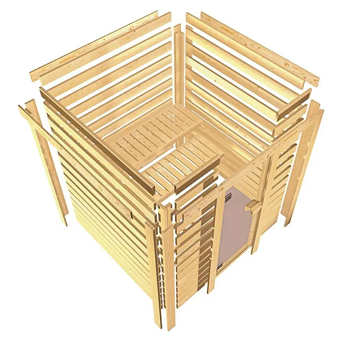 Karibu Massivholzsauna Antonia - Mit 4,5 kW Bio-Ofen mit externer Steuerung, Mit Dachkranz und Beleuchtung, Material Tür: Ganzglas Bronze, 159 x 173 x 191 cm - Ansicht von oben