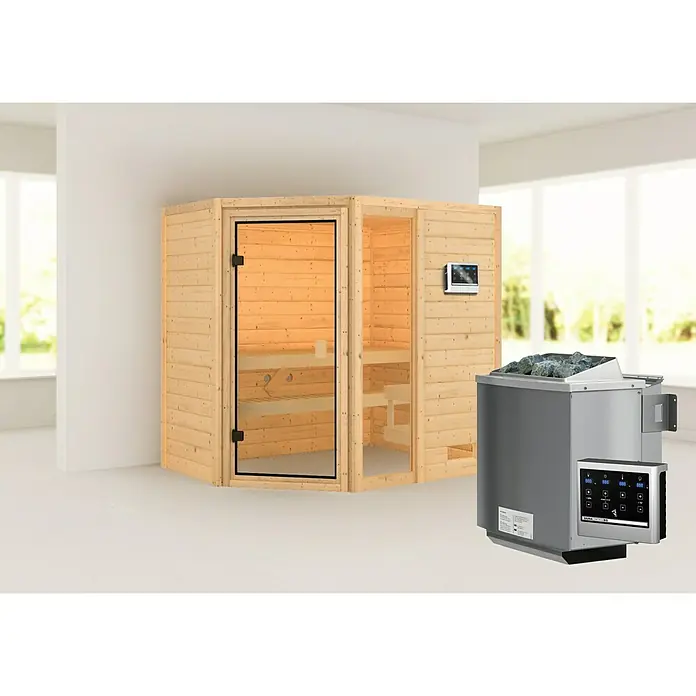 Karibu Massivholzsauna Jada - Mit 9 kW Bio-Ofen mit externer Steuerung, Ohne Dachkranz, Material Tür: Ganzglas Bronze, 146 x 196 x 187 cm - Stimmungsaufnahme